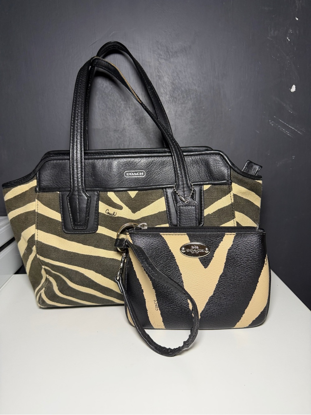 Coach Zebra-Print Tote with Matching Wristlet - Black & Tan